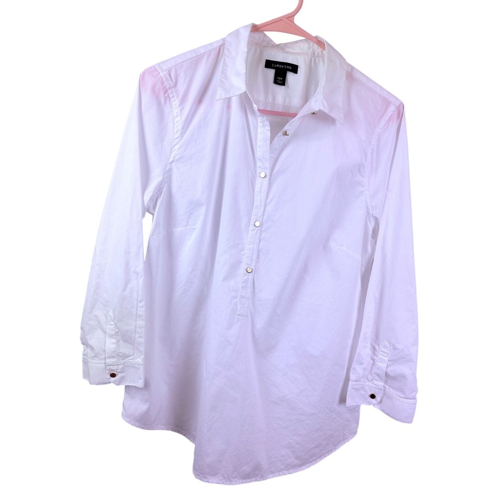 Lands' End Women's White Cotton Popover Shirt Preppy Coastal Classic 10P